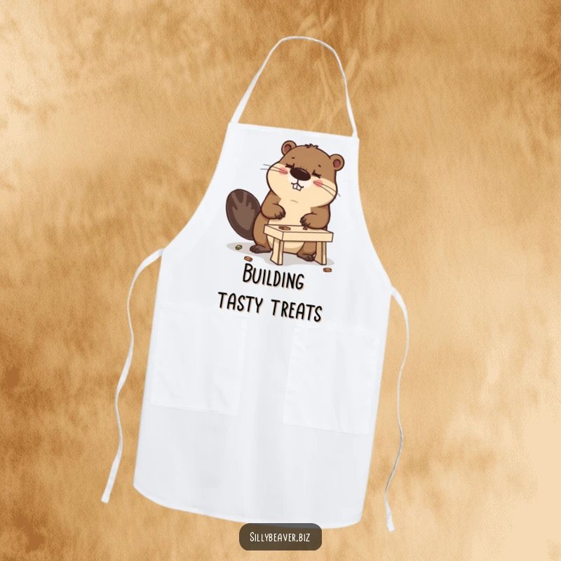 Funny apron depicting a determined beaver focused on building a miniature desk, ideal for a humorous cooking or craft session.