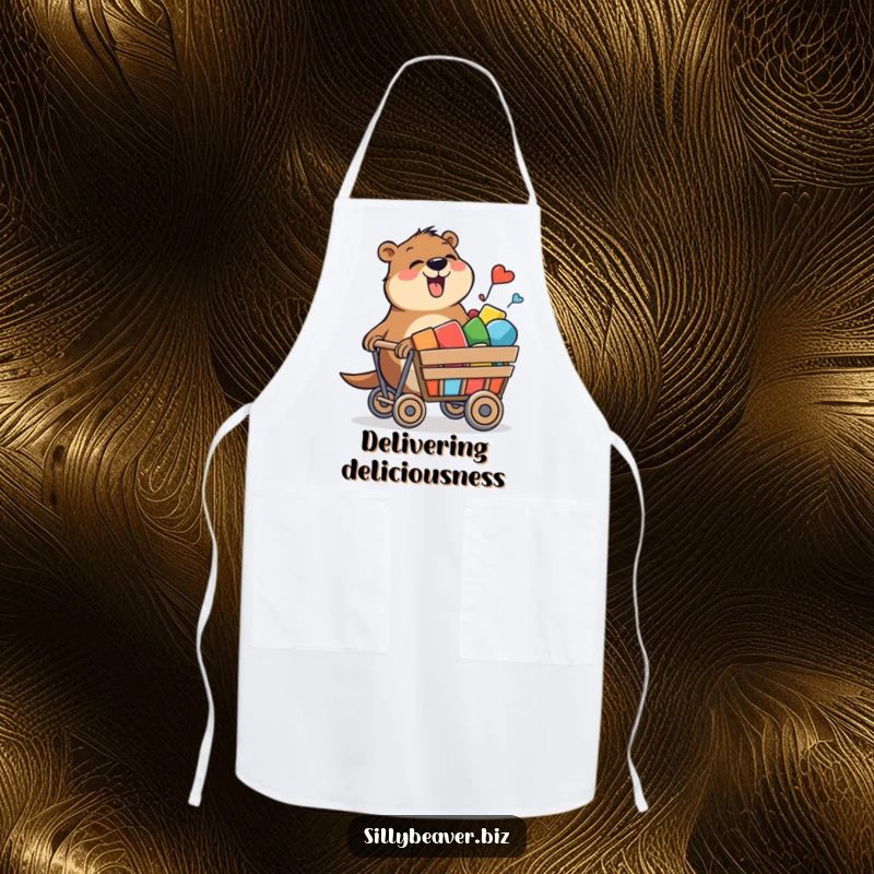 Funny apron showing a beaver joyfully pushing a cart filled with colorful shapes, perfect for creative cooking or crafting.