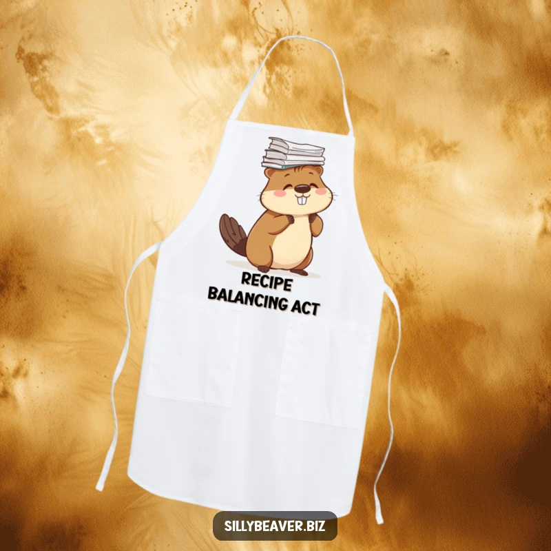Funny apron showing a beaver comically balancing a stack of papers on its head, perfect for humorous kitchen activities.
