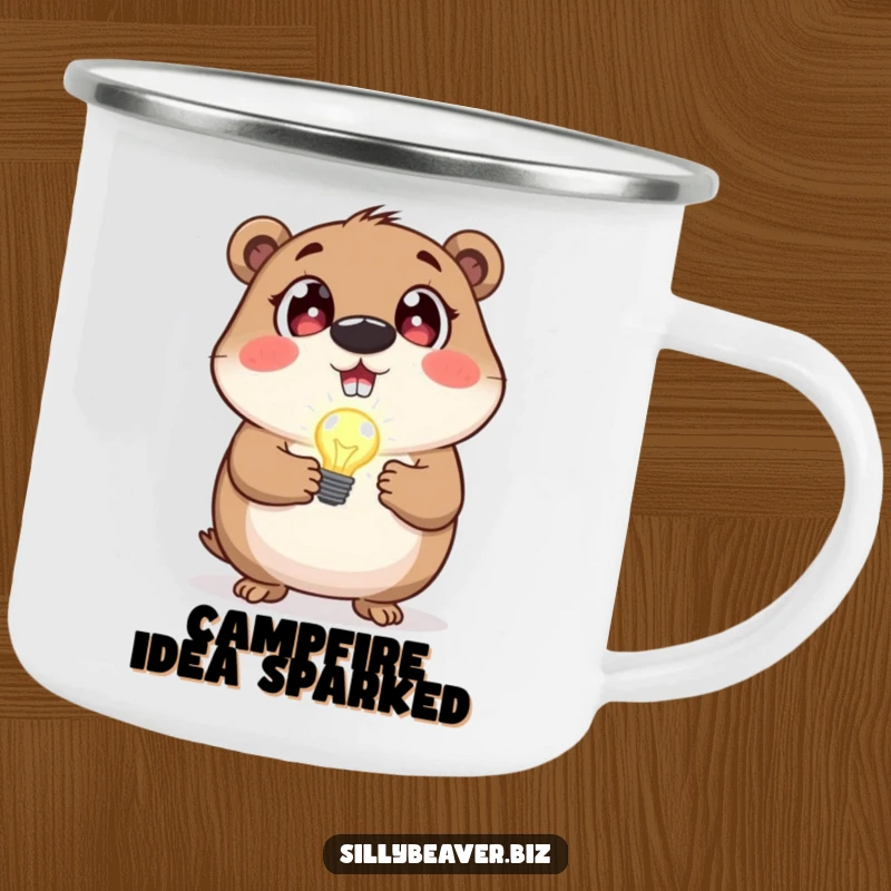 Funny camping mug with a beaver holding a blinking lightbulb, symbolizing bright ideas; great for outdoor inspiration.
