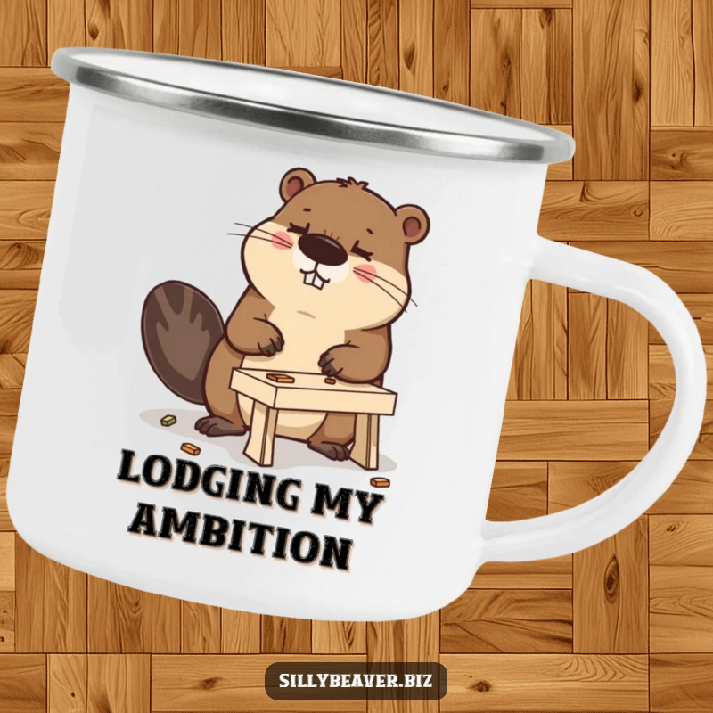 Funny camping mug showing a determined beaver building a miniature desk, perfect for outdoor enthusiasts who enjoy humor.