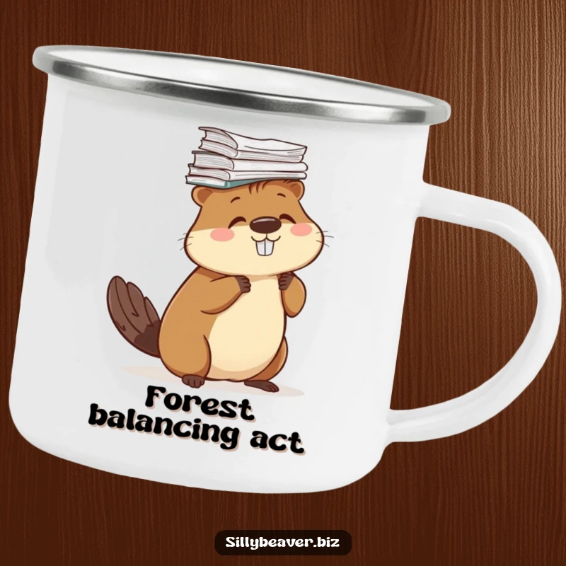 Funny camping mug with a beaver comically balancing a stack of papers on its head, great for outdoor humor.