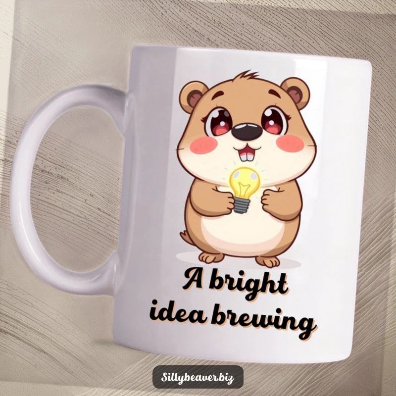 Funny mug with a beaver showing wide, excited eyes while holding a tiny, blinking lightbulb, representing a brilliant new idea.