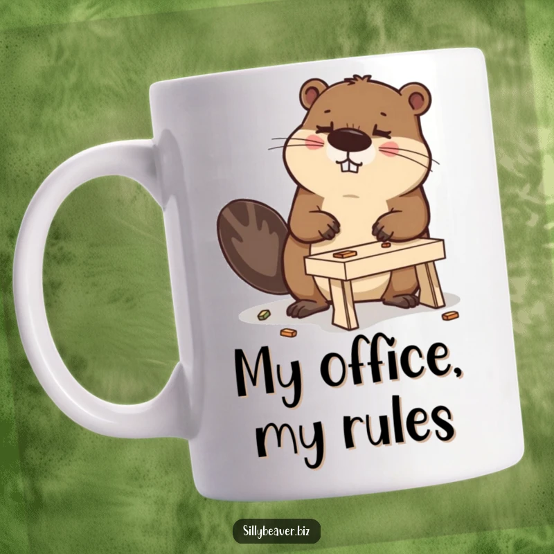 Funny mug with a determined beaver focused on building a miniature desk, embodying the spirit of DIY and playful procrastination.
