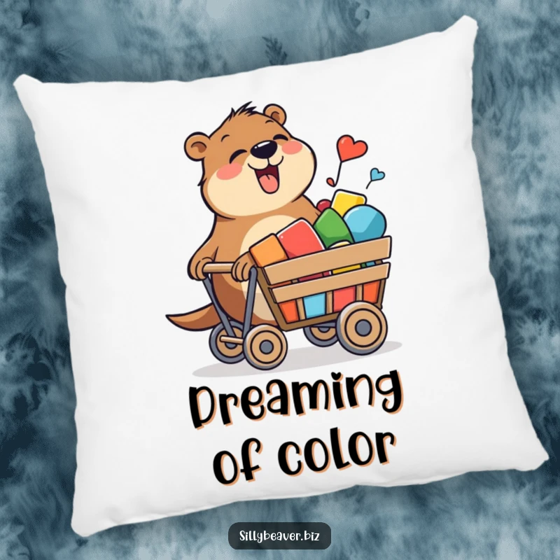 Funny pillow with a beaver joyfully pushing a cart of colorful shapes, offering comfort and a theme of creative fun.