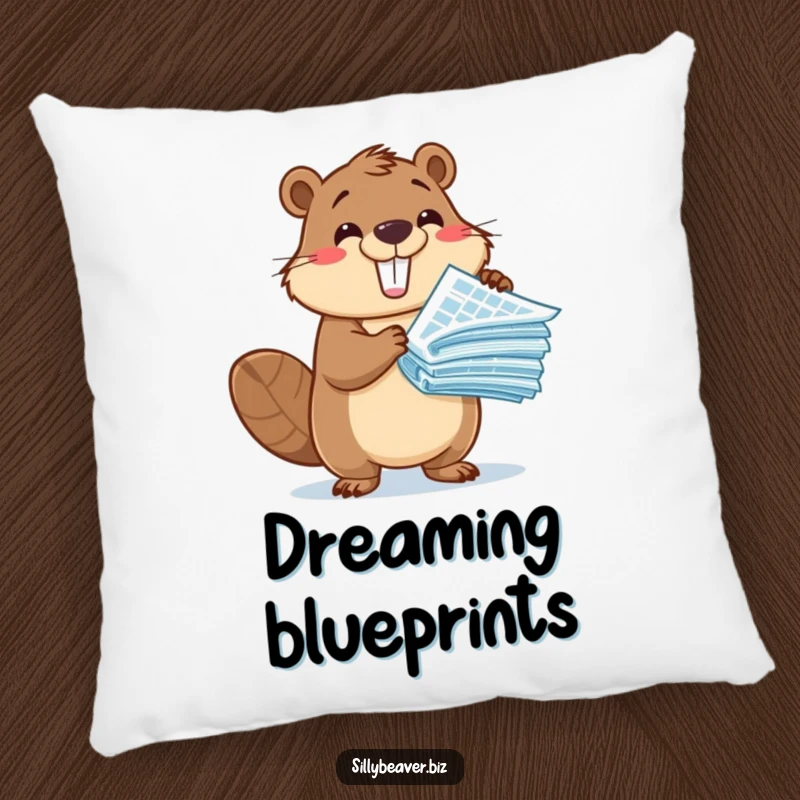 Funny Pillow: A cute beaver character enthusiastically presents blueprints, offering comfort and a reminder of creative projects.