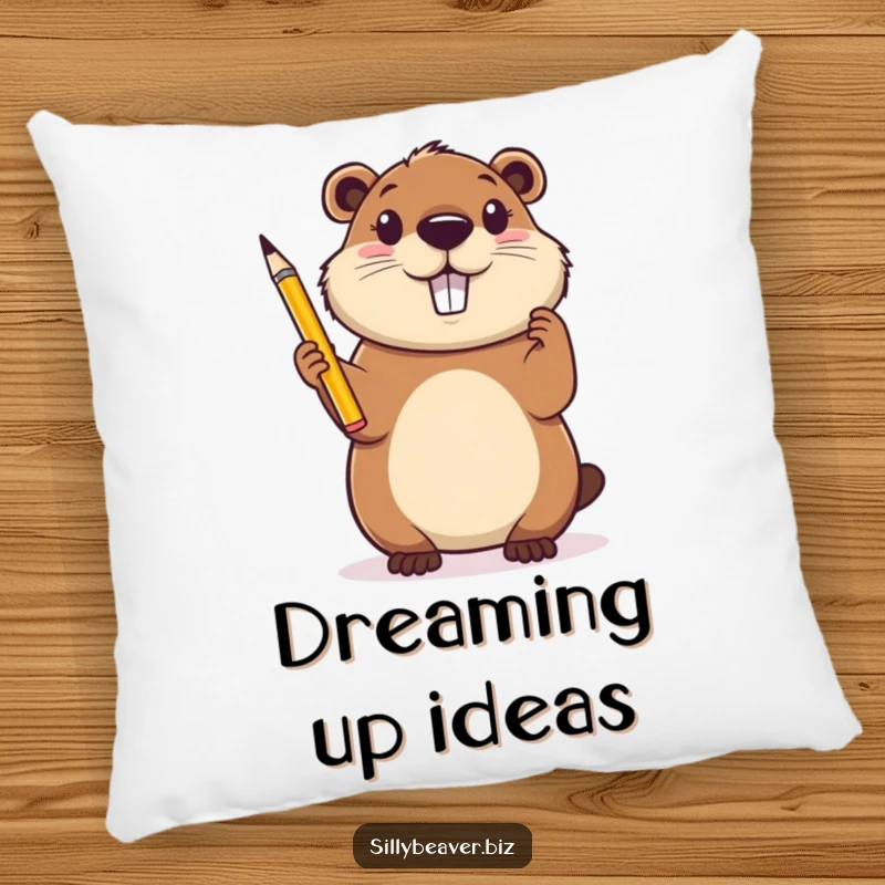 Funny Pillow: A cheerful beaver holds a pencil aloft, looking inspired and ready to create, bringing comfort and artful humor.