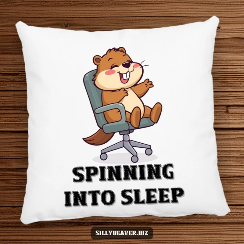 Funny Pillow featuring a beaver character gleefully spinning in an office chair, designed for comfort and to celebrate the fun side of work.