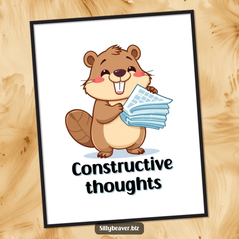 Funny Digital Art Print: An adorable beaver character excitedly presents a stack of blueprints, symbolizing creativity and architectural vision.