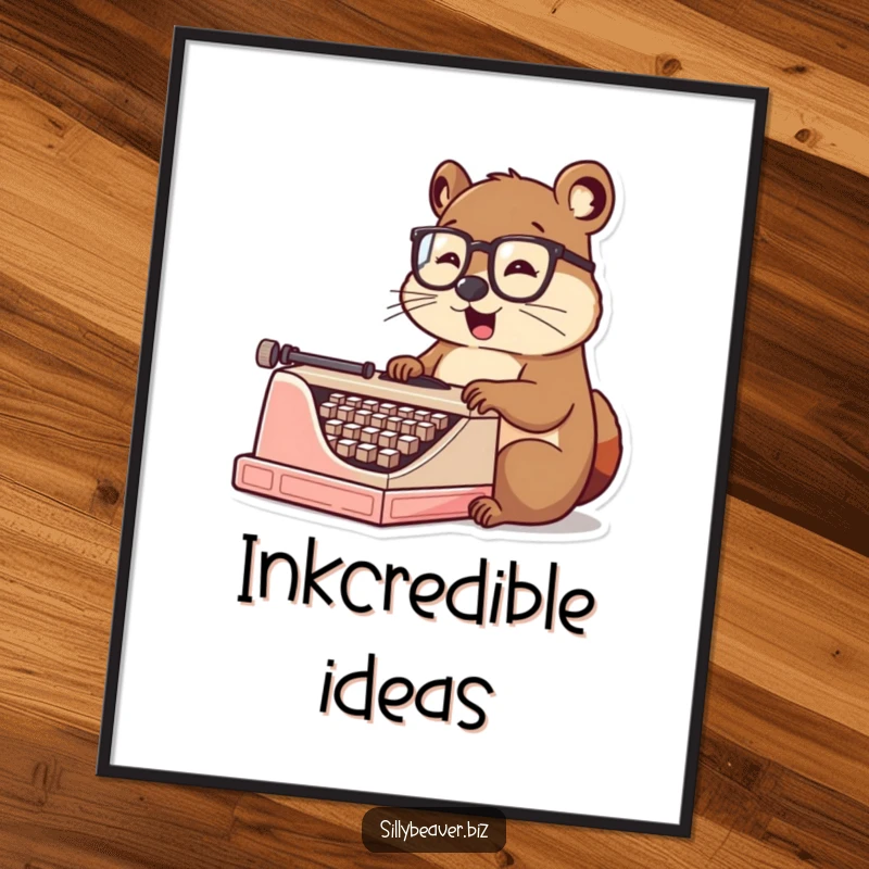 Funny Digital Art Print: A beaver with spectacles enthusiastically types on a vintage typewriter, capturing a humorous and inspiring literary moment.