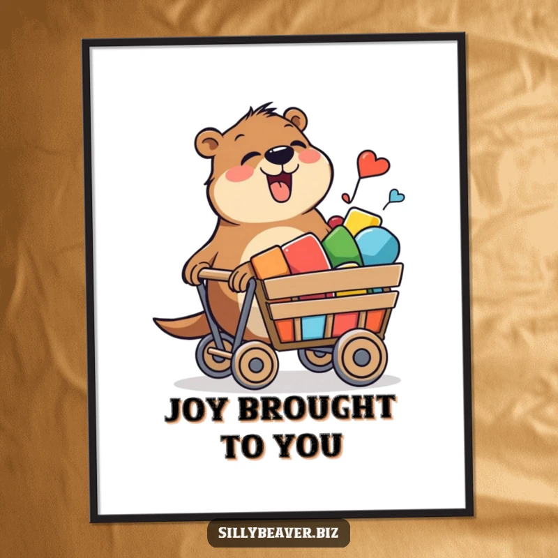 Funny digital art print of a beaver joyfully pushing a cart of colorful shapes, symbolizing creativity and vibrant expression.