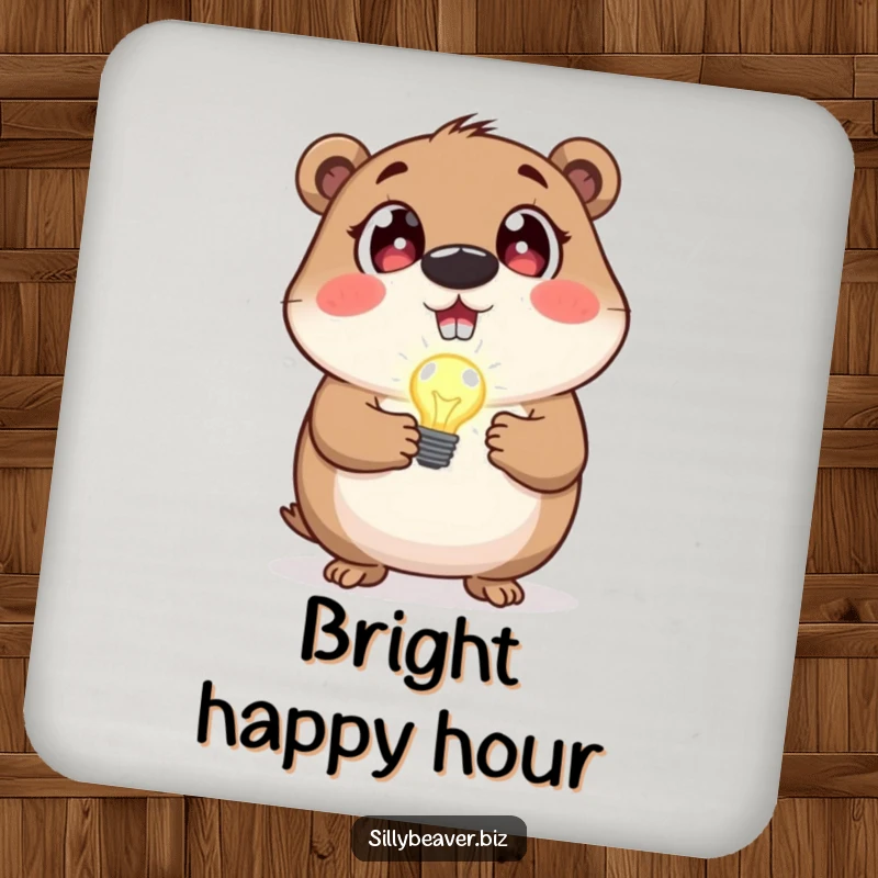 Funny drink coaster with a beaver holding a blinking lightbulb, representing bright ideas; protects surfaces with humor.