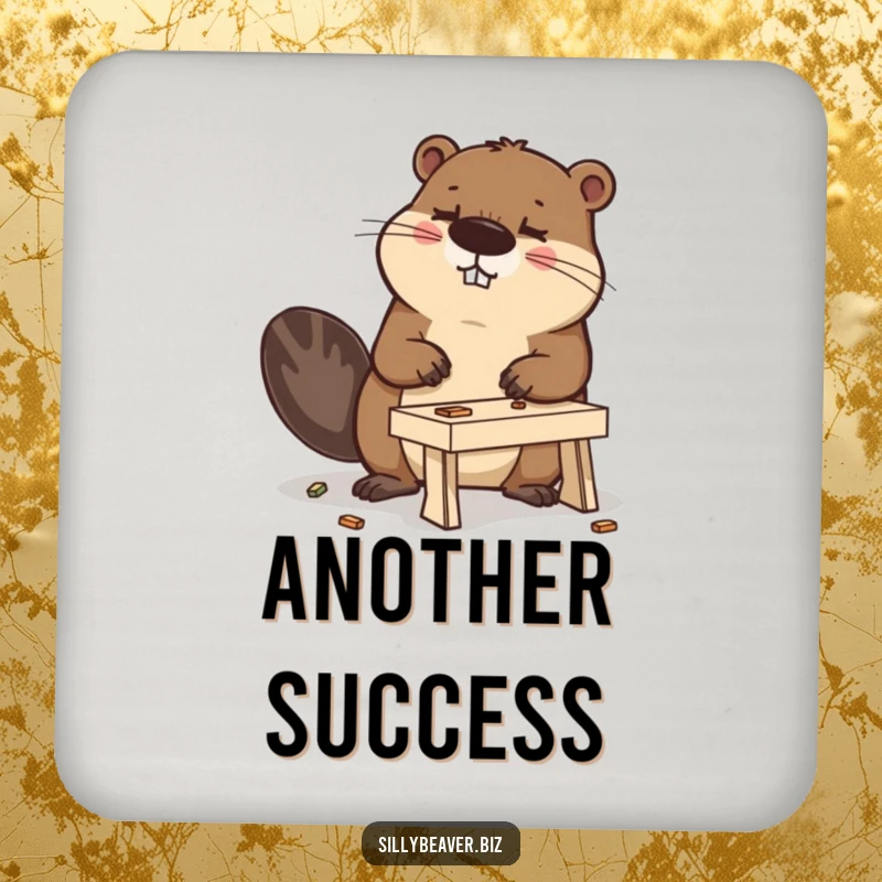 Funny drink coaster featuring a determined beaver building a miniature desk, protecting surfaces with a humorous design.