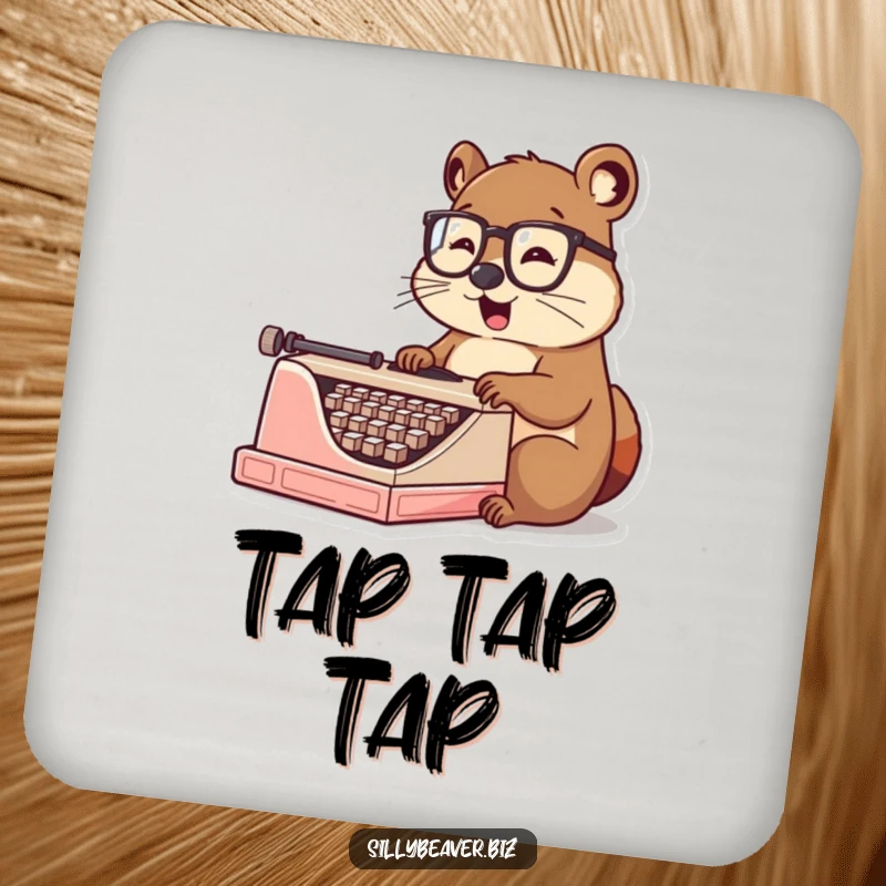 Funny Coaster: A charming beaver in spectacles types on a vintage typewriter, adding a humorous and protective touch to tabletops.