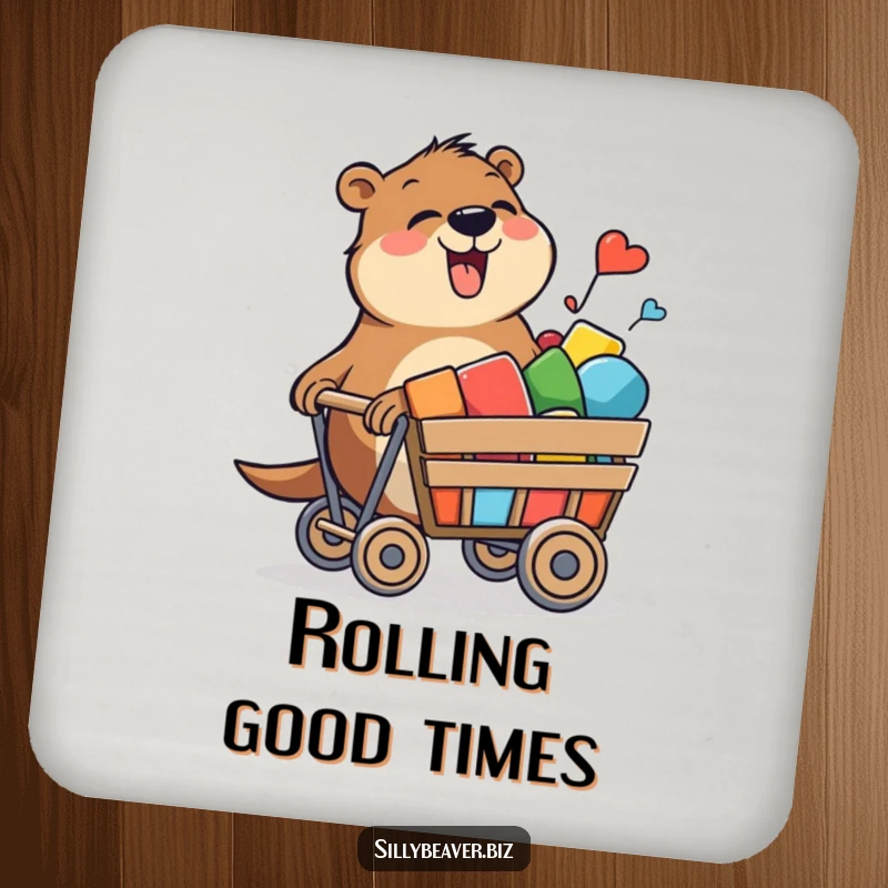 Funny drink coaster with a beaver joyfully pushing a cart of colorful shapes, protecting surfaces with artistic humor.