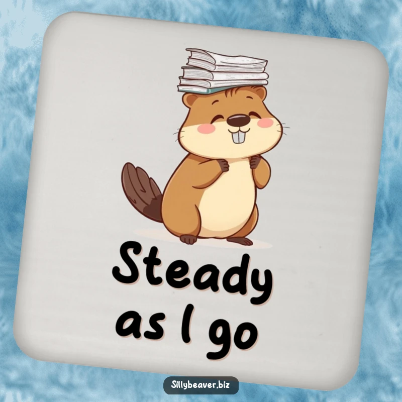 Funny drink coaster with a beaver balancing a stack of papers on its head, protecting surfaces with humor.