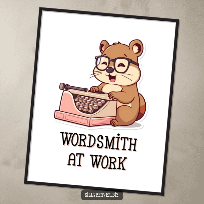 Funny Poster: Amusing beaver wearing spectacles, typing with focus on an antique typewriter, bringing literary charm and humor to wall art.