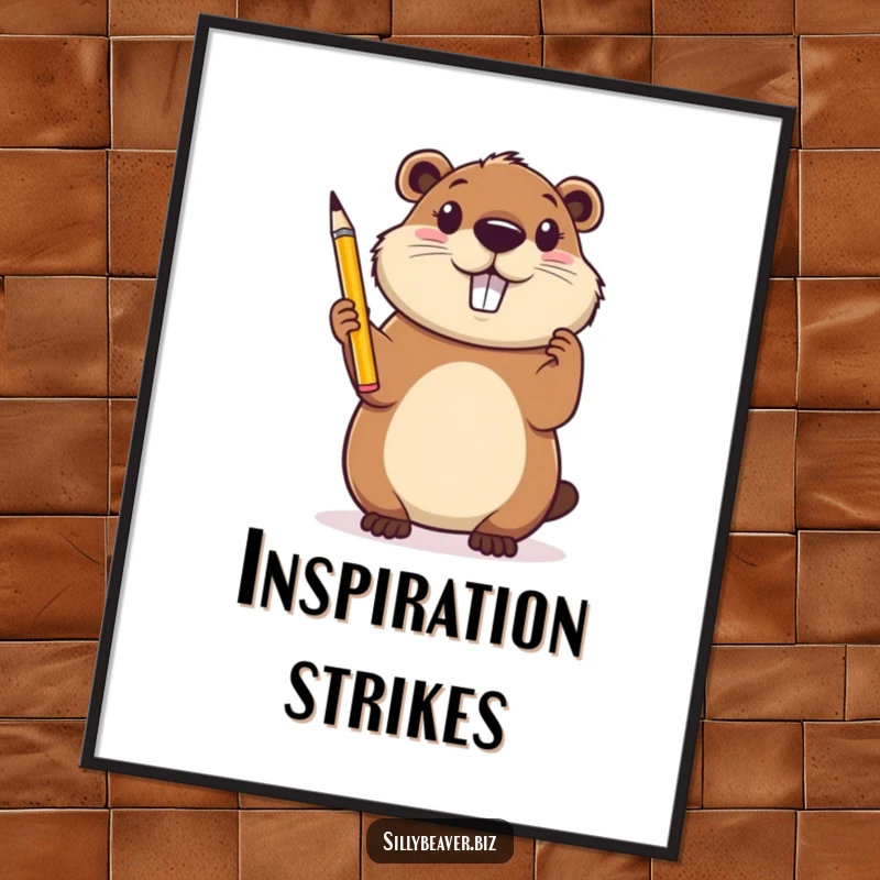 Funny Poster: A cheerful beaver holds a pencil high, looking inspired and ready to create masterpieces, perfect wall art.