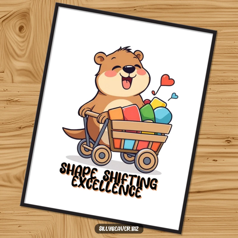 Funny poster art of a beaver joyfully pushing a stylized rolling cart filled with colorful shapes, inspiring creativity.