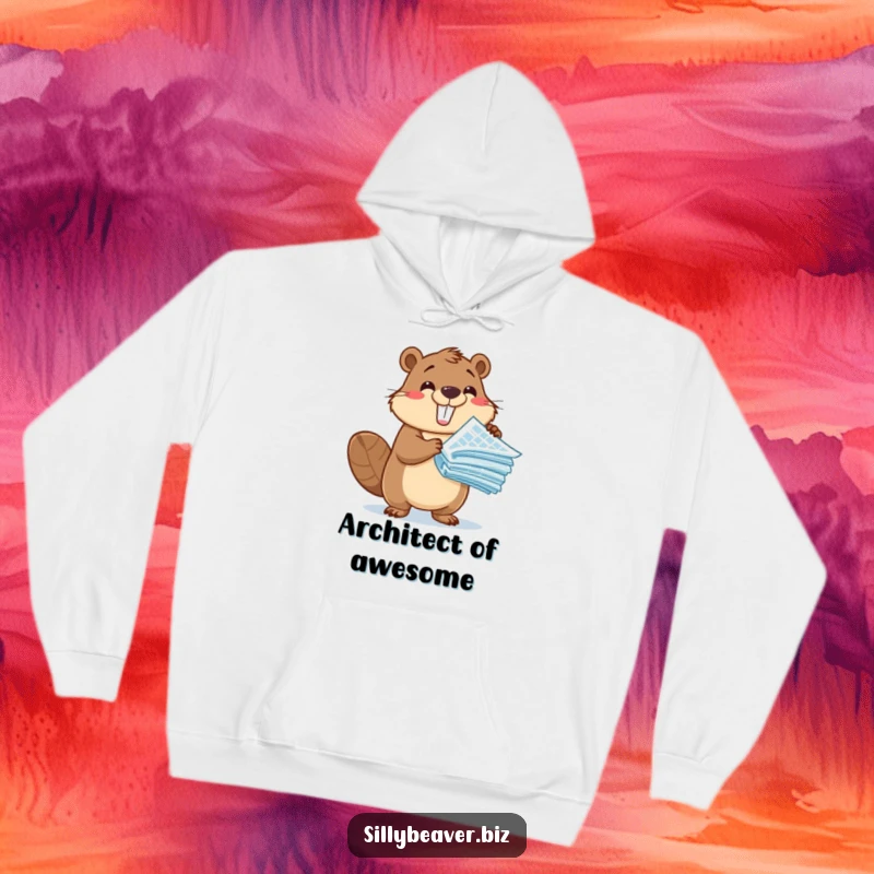 Funny Hoodie: An enthusiastic beaver character proudly displays a stack of architectural blueprints, perfect for builders and designers.
