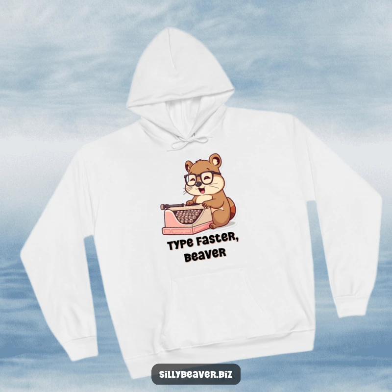 Funny Hoodie: Charming beaver in tiny spectacles types diligently on a vintage typewriter, a warm and humorous apparel choice.