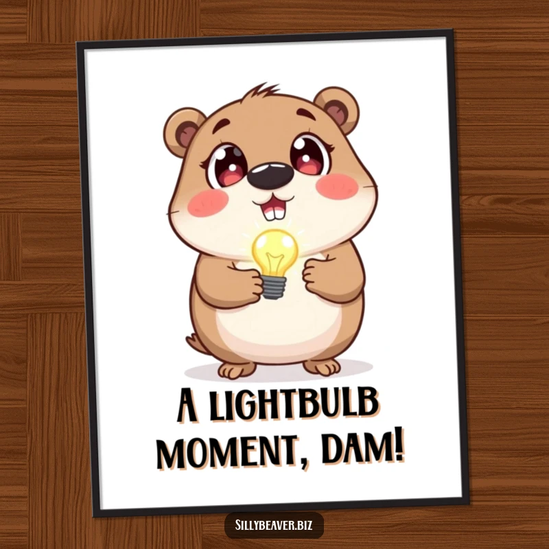 Funny Free Printable Wall Art: Beaver with excited eyes holding a tiny, blinking lightbulb.