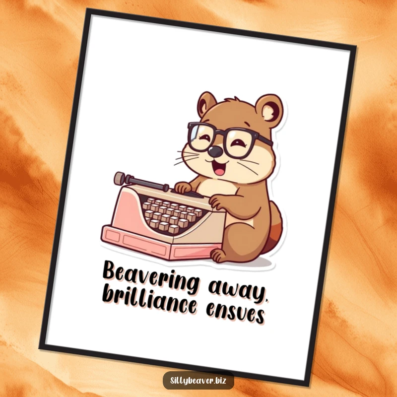 Funny Free Printable Wall Art: Beaver wearing tiny spectacles, typing on vintage typewriter, intellectual humor