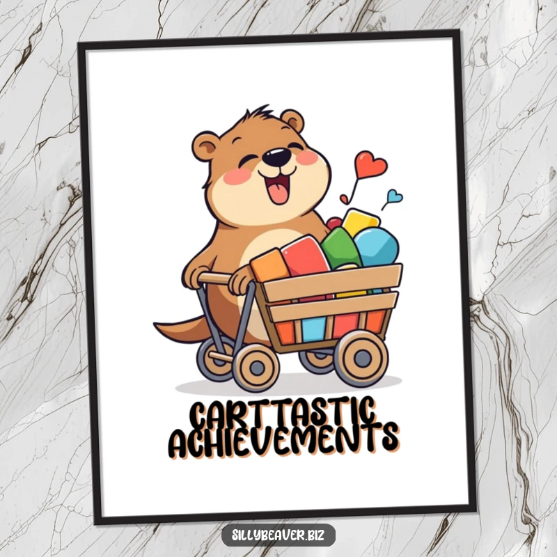 Funny Free Printable Wall Art: Beaver pushing a rolling cart packed with colorful shapes.