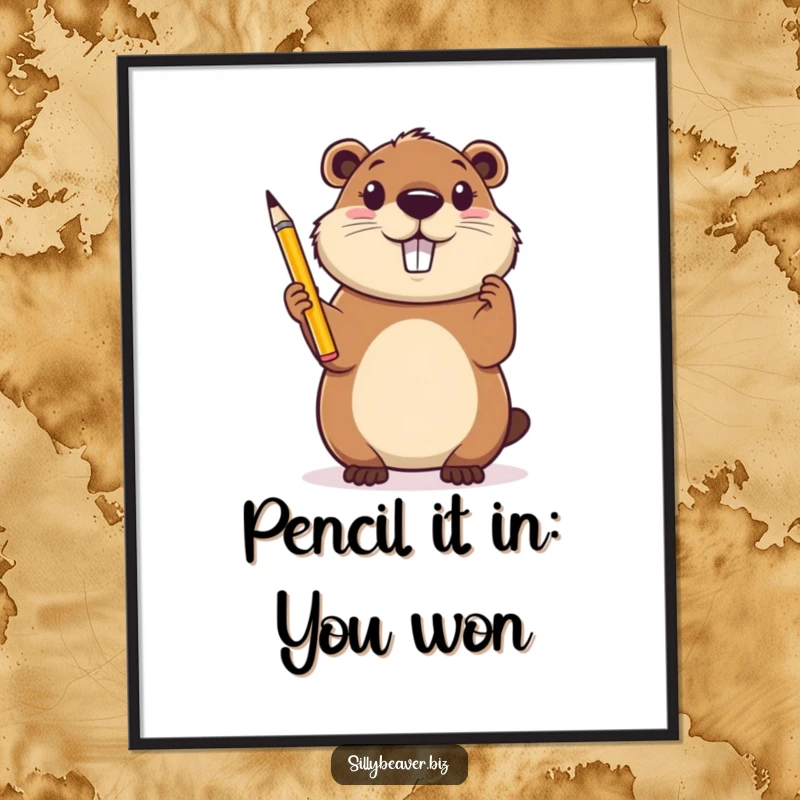Funny Free Printable Wall Art: Cheerful beaver holding pencil aloft, looking inspired, artistic humor