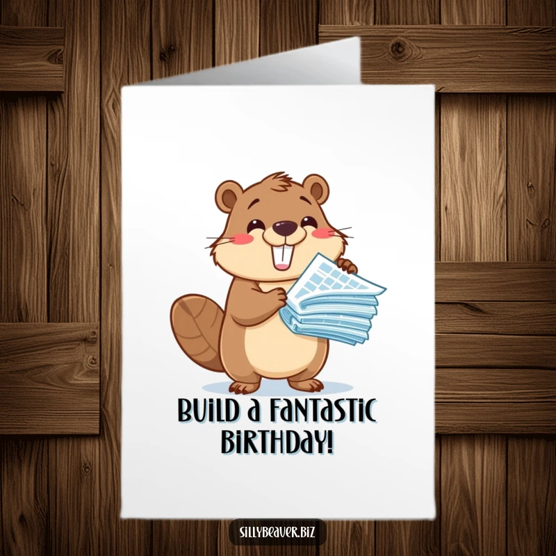Funny Free Printable Birthday Card: Cute beaver excitedly holding blueprints, celebrating big plans