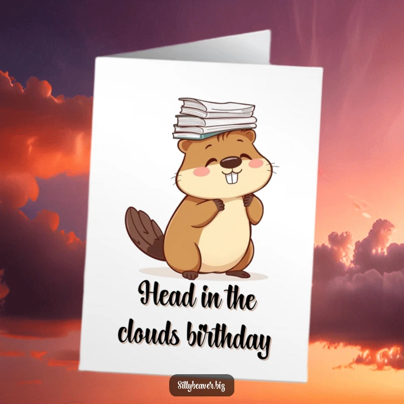 Funny Free Printable Birthday Card: Beaver comically balancing a huge stack of papers on its head.