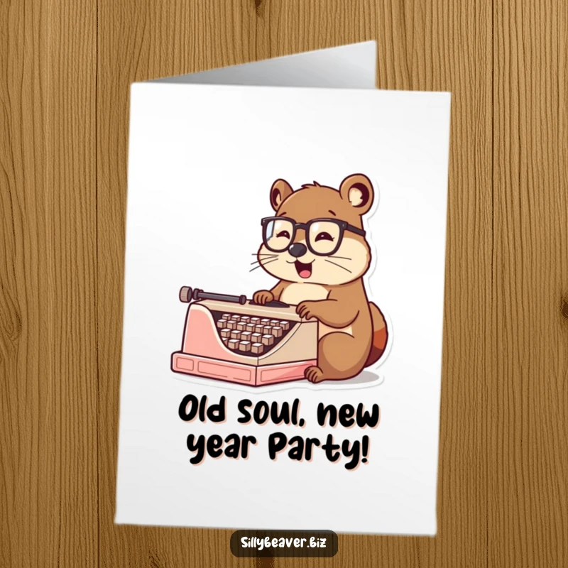 Funny Free Printable Birthday Card: Beaver in glasses typing old typewriter, scholarly and humorous