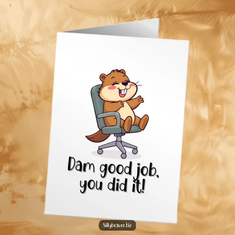 Funny Free Printable Congratulations Card: A beaver joyfully spins in an office chair to celebrate the good news.