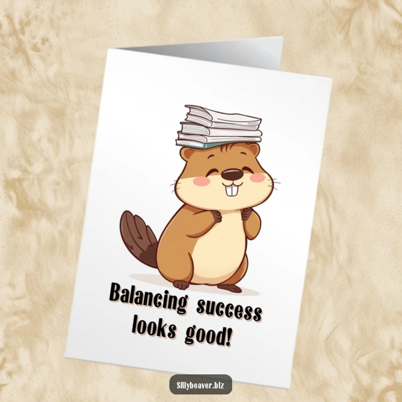 Funny Free Printable Congratulations Card: Beaver flawlessly balancing many papers on its head.
