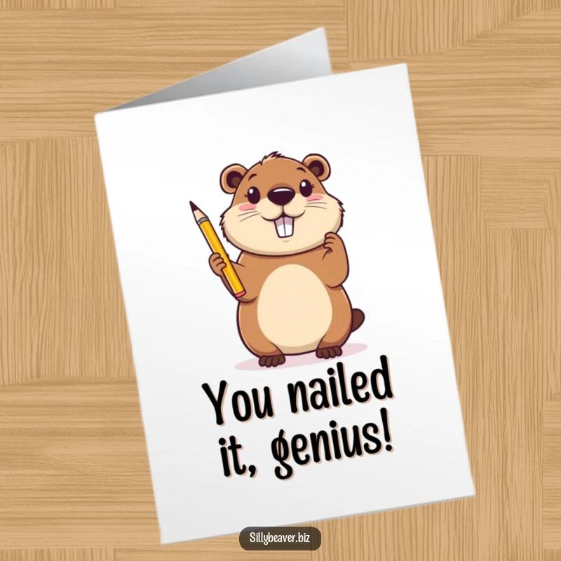 Funny Free Printable Congrats Card: Cheerful beaver holding pencil aloft, looking inspired by success
