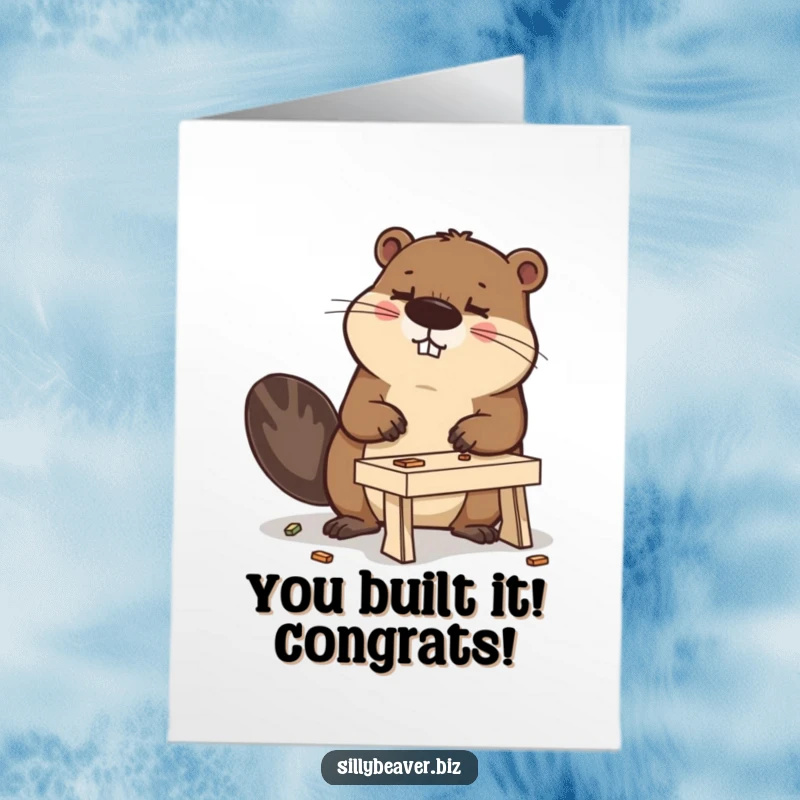 Funny Free Printable Congratulations Card: Beaver focused on building a miniature desk, ideal for promotions.