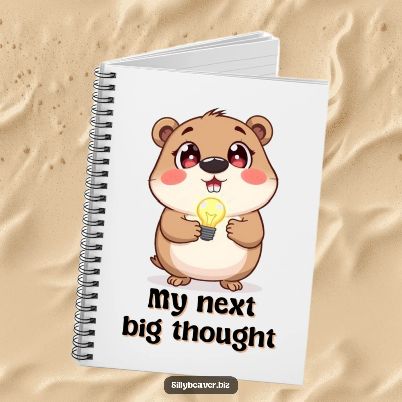 Funny notebook with a beaver holding a blinking lightbulb, ideal for capturing bright ideas and innovative thoughts.