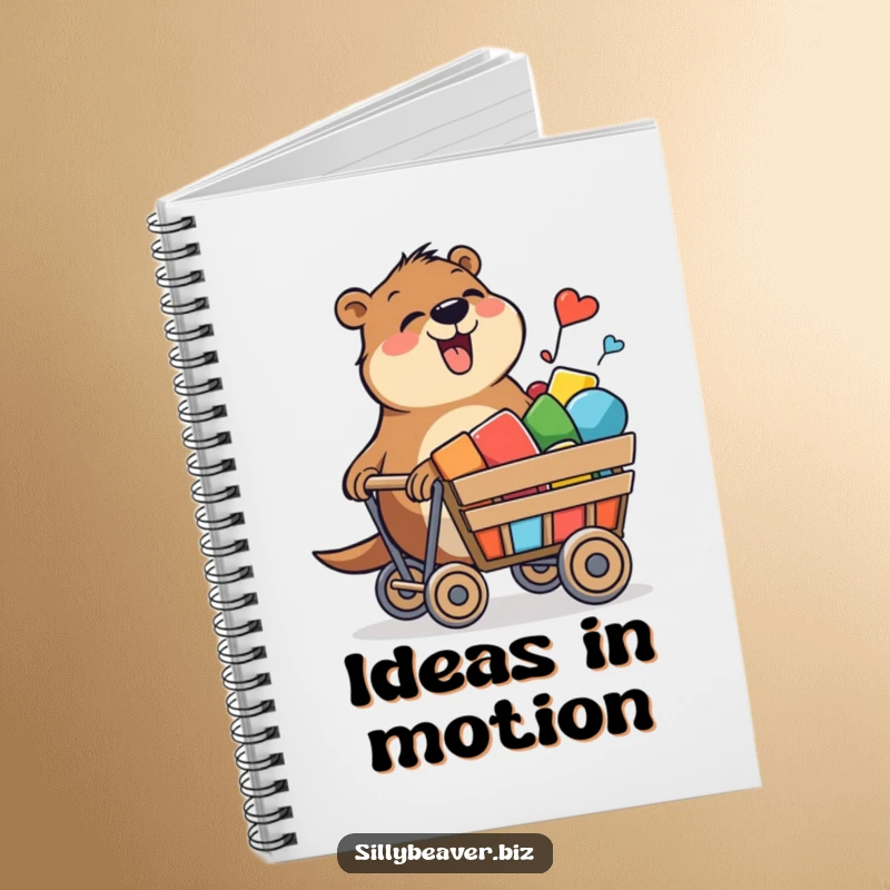 Funny notebook with a beaver joyfully pushing a cart of colorful shapes, ideal for capturing creative ideas humorously.
