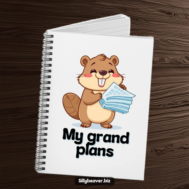 Funny Notebook: A cute beaver character excitedly presents a stack of blueprints, perfect for jotting down ideas and project plans.