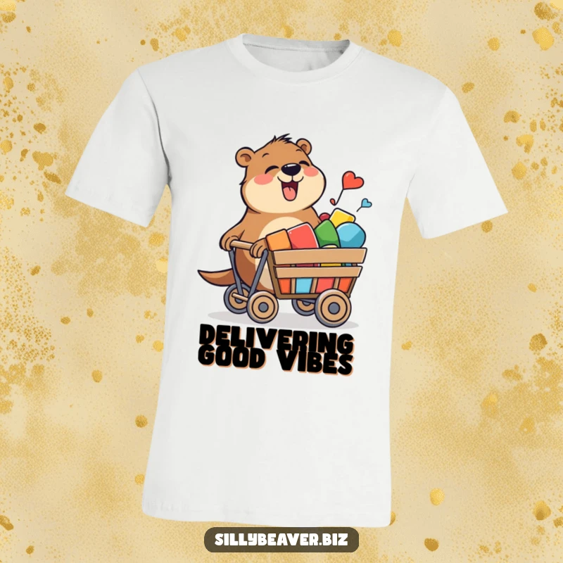 Funny t-shirt with a beaver joyfully pushing a stylized rolling cart filled with colorful shapes, symbolizing creative expression.