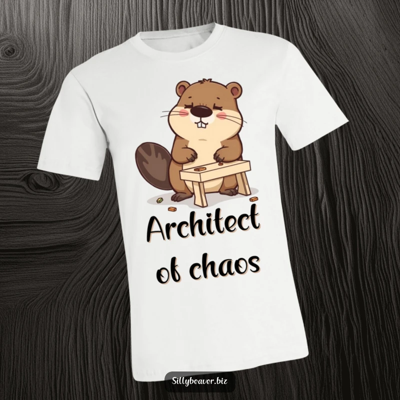 Funny t-shirt with a determined beaver focused on crafting a tiny desk, symbolizing ambition and humorous struggles.