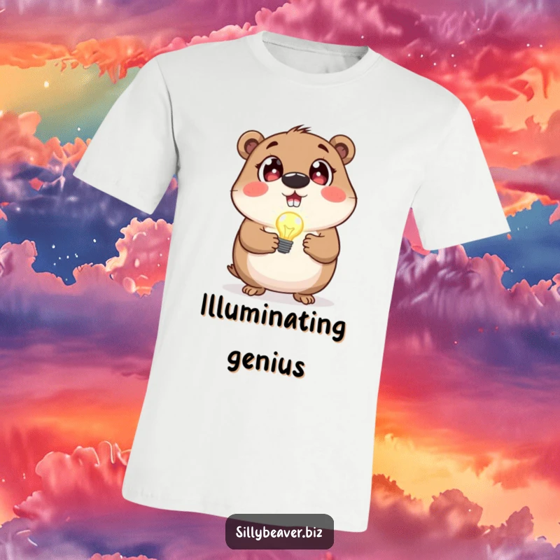 Funny t-shirt with a beaver having wide, excited eyes, holding a blinking lightbulb, symbolizing a moment of genius.