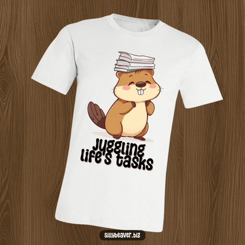 Funny t-shirt with a beaver comically balancing a stack of papers on its head, representing multitasking and office life.
