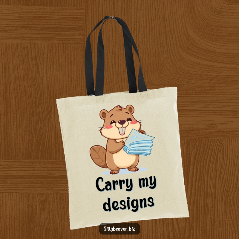 Funny Tote Bag: An adorable beaver character excitedly presents a stack of blueprints, symbolizing innovative design and construction.