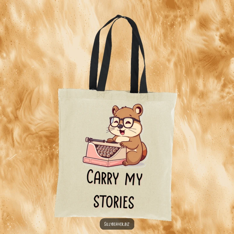 Funny Tote Bag: A smart beaver with spectacles enthusiastically types on a vintage typewriter, showcasing literary wit and practicality.