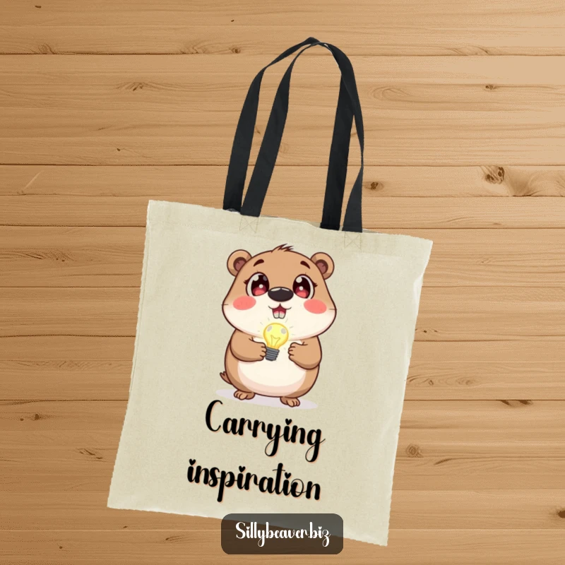 Funny tote bag with a beaver holding a blinking lightbulb, representing bright ideas; perfect for carrying essentials.