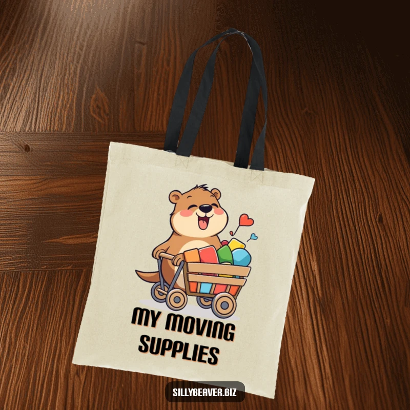 Funny tote bag with a beaver joyfully pushing a cart of colorful shapes, perfect for carrying essentials with artistic flair.